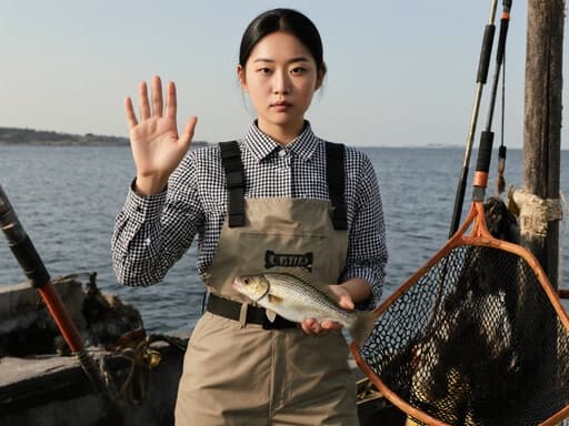 바닷가에서 물빠짐이 있는 바지와 체크무늬 셔츠를 입은 10대 후반 아시아계 여성이 반신 촬영으로 포착되어 있습니다. 그녀는 진지한 표정으로 관객에게 인사하며 그물을 들고 있습니다. 배경에는 다양한 어업 장비가 있어 진정한 어업 장면을 연출하고 있습니다.