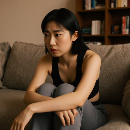 아늑한 거실의 소파에 앉아 편안한 운동복을 입은 10대 후반 아시아계 여성이 반신 촬영된 이미지입니다. 스트레스를 받은 표정을 지으며 팔을 무릎에 올리고 깊은 생각에 잠긴 모습입니다. 배경에는 소파와 책장이 있는 아늑한 분위기가 더해져 사색의 기분을 강조하고 있습니다.