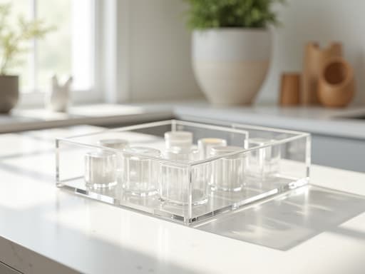 아크릴 정리함, 중립적인 색조와 간단한 장식이 있는 미니멀리스트 공간, 차분함, 현대적