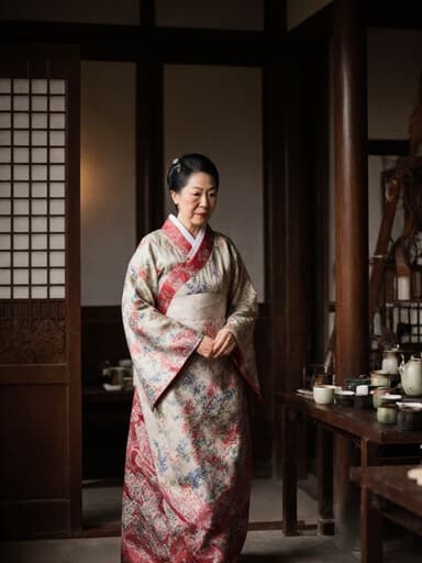 전통 한복을 입고 천천히 걷고 있는 70대 한국인 여성의 전신이 담긴 사진으로, 따뜻하고 매력적인 전통 찻집 내부에서 자연스러운 표정을 짓고 있습니다. 그녀의 표정은 무관심하며, 주변의 문화적 분위기와 완벽하게 어우러져 있습니다.