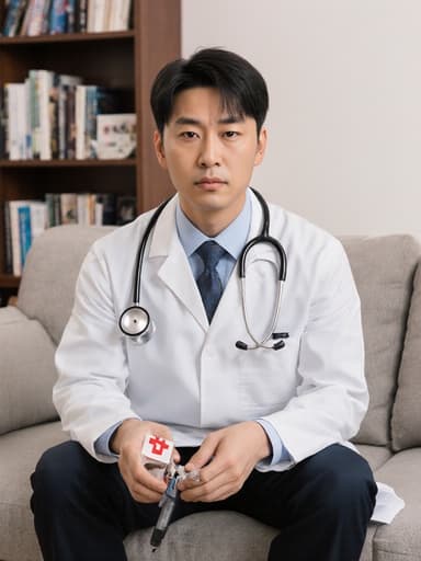 30대 동양인 남성이 의사 가운을 입고 편안한 거실의 소파에 앉아 있습니다. 그는 긴장한 표정을 지으며, 동물 응급 처치 도구를 손에 들고 있고, 배경에는 동물 치료 관련 책들이 진열된 책장이 있어 진지한 동물 치료에 대한 헌신을 반영합니다.