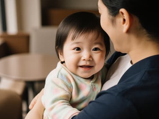 사랑스러운 외모의 1살 한국인 여아가 부드러운 파스텔톤의 잠옷을 입고, 아늑한 카페의 코너에서 부모의 품에 안겨 행복하게 서 있는 모습의 반신 샷입니다. 따뜻한 조명이 비추는 환경에서 촬영되었습니다.