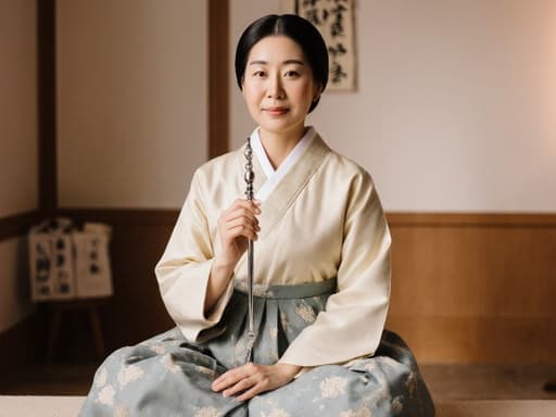 40대 백인 여성이 전통 한복을 입고 따뜻한 한의 진료실에 크로스 레그로 앉아 있으며, 진단 도구를 손에 들고 있습니다. 차분한 표정이 신뢰감을 주며, 평화로운 환경 속에서 한의학의 본질을 잘 표현하고 있습니다.