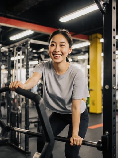 이 이미지는 10대 후반의 동양인 여성 모델이 편안한 운동복을 입고 자신감 넘치고 행복한 표정을 지으며 운동 기구를 열정적으로 조작하는 모습을 담고 있습니다. 다양한 운동 기구가 있는 밝은 트레이닝 공간에서 그녀의 역동적인 에너지가 강조됩니다.