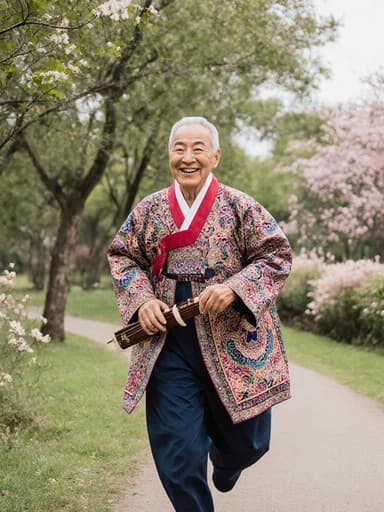 이 이미지는 전통 한복을 입고 편안하게 미소 짓고 있는 80세 아시아 남성이 전통 악기를 들고 조용한 공원에서 달리는 모습을 보여줍니다. 공원은 울창한 나무와 화창한 꽃들로 가득 차 있습니다.