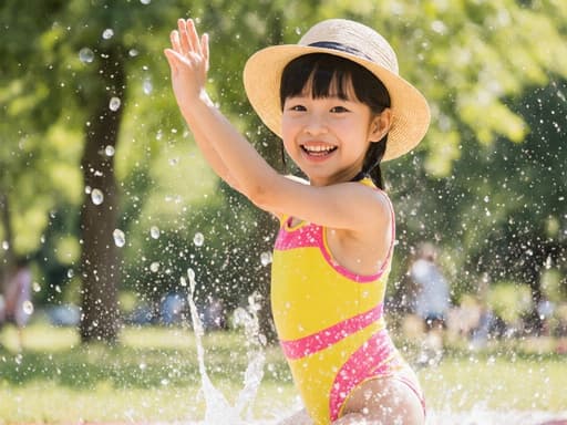 밝은 색의 수영복과 썬햇을 쓴 귀여운 7세 아시아계 소녀가 햇살이 비치는 공원에서 물놀이를 하며 나무 자세를 취하고 있는 모습. 순수한 미소를 띠고 있습니다.