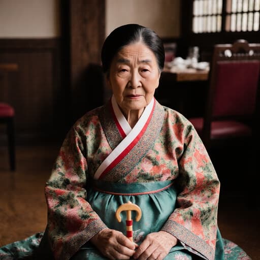 80대 한국인 여성의 반신 이미지로, 전통 한복을 입고 바닥에 앉아 피곤한 표정을 지으며 전통 놀이 도구를 들고 있습니다. 전통적인 카페 인테리어가 배경에 있어 향수를 불러일으키는 느낌을 줍니다.