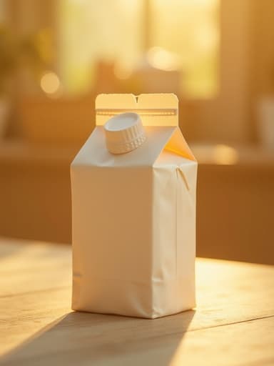 부드러운 황금빛 노을 속의 우유 팩, 따뜻한 분위기.