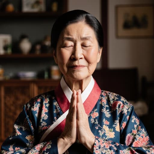 70대 한국인 여성이 전통 한복을 입고 가슴 앞에 손을 모으고 눈을 감으며 약간의 미소를 띠고 요가 자세를 취하는 반신 사진입니다. 전통 소품으로 가득한 아늑한 거실 배경이 이미지의 따뜻하고 평화로운 분위기를 더욱 돋보이게 합니다.