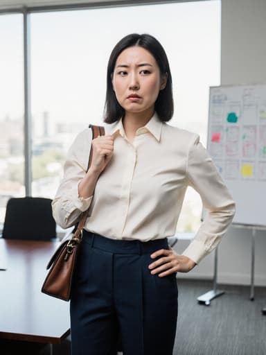 30대 동양인 여성이 스타일리시한 비즈니스 캐주얼 의상을 입고, 짜증난 표정으로 입술을 찡그리고 눈썹을 찌푸린 채 현대적인 회의실에서 한쪽 어깨에 가방을 메고 손은 허리에 얹고 있는 반신 사진. 배경에는 자연광이 들어오고 화이트보드가 있는 공간이 함께 담겨 있습니다.