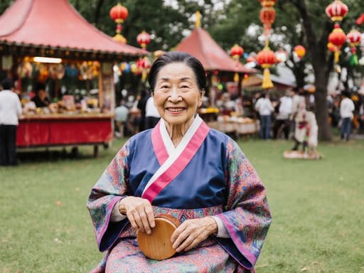 전통 한복을 입고 작은 전통 악기를 들고 있는 80대 동양인 여성의 반신 촬영으로, 만족스러운 미소를 지으며 전통 축제를 위해 화려하게 꾸며진 공원 배경에서 촬영된 이미지입니다.