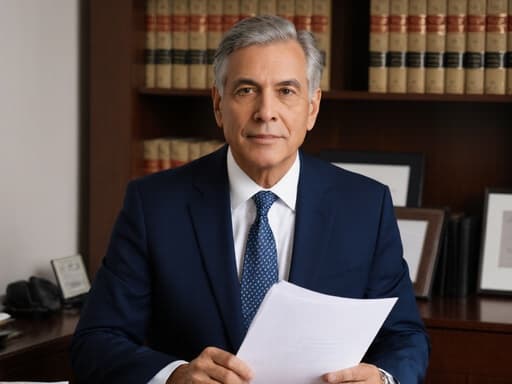 50대 혼혈 남성이 법무사무실에서 법률 서류를 들고 서 있으며, 깔끔한 정장 차림으로 차분하고 자신감 있는 표정을 짓고 있습니다. 배경에는 정리된 책장과 깔끔한 책상이 있는 모습이 보입니다.