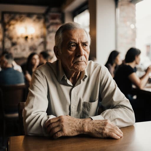 60대 라틴계 남성이 자연스러운 외모로 캐주얼한 셔츠와 바지를 입고, 아늑한 카페 테이블에 손을 얹고 앉아 미래에 대한 걱정스러운 표정을 짓고 있는 반신 사진입니다. 배경에는 다른 손님들이 대화하는 따뜻한 카페 분위기가 담겨 있습니다.