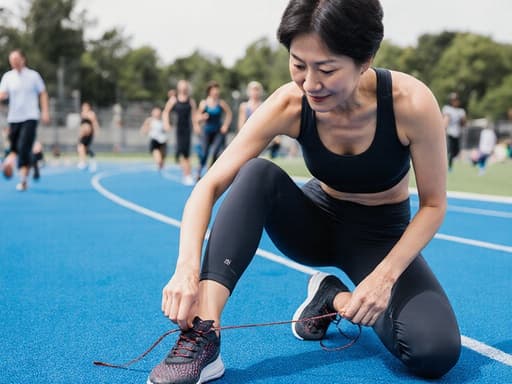 세련된 50대 동양인 여성이 운동복을 입고 신발끈을 묶고 있는 모습의 반신 사진입니다. 배경에는 다른 사람들이 운동하는 푸른 운동장이 펼쳐져 있어 그녀의 우아하고 자신감 넘치는 모습과 조화를 이루며 활기찬 분위기를 만들어냅니다.