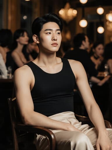 세련된 외모를 가진 10대 초반의 동양인 남성이 현대적인 무용복을 입고 의자에 편안하게 앉아 집중한 표정을 짓고 있는 반신 촬영 이미지입니다. 아늑한 카페 배경이 따뜻함을 더하며, 다양한 사람들이 대화에 참여하고 있는 모습이 생동감을 줍니다.