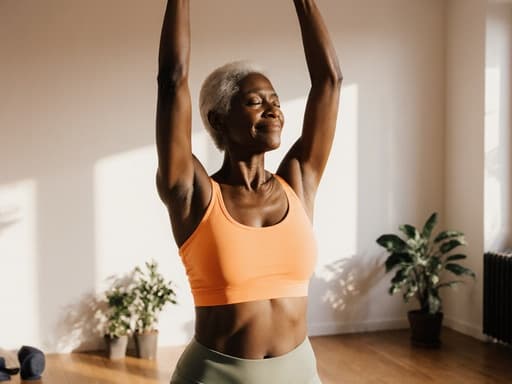 이 이미지는 60대 아프리카계 여성이 밝은 요가복을 입고 손을 공중에 올리며 균형 잡힌 자세를 취하고 있는 모습으로, 아늑한 요가 공간에서 내면의 평화를 발산하는 우아한 장면을 담고 있습니다.