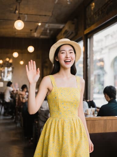 밝은 색상의 원피스와 아기용 모자를 쓴 20대 한국인 여성의 전신 사진입니다. 그녀는 걷는 자세로 손을 흔들며 순수한 미소를 지으며 노래하고 있으며, 아늑한 카페 내부와 따뜻한 조명이 있는 배경이 함께 어우러져 있습니다.