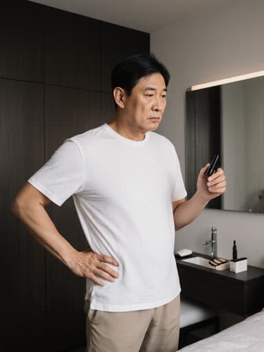 40대 동양인 남성이 편안한 티셔츠와 바지를 입고 현대적인 침실에서 반신 촬영을 하고 있습니다. 그는 스트레스를 받은 듯한 진지한 표정을 지으며 한 손은 허리에 두고 다른 손으로 화장품을 살펴보고 있습니다. 깔끔하고 세련된 배경에는 화장대가 있어 편안하면서도 사색적인 분위기를 연출합니다.
