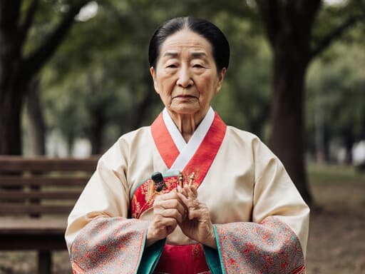 70대 아시아계 여성이 전통적인 한복을 입고 불편한 표정을 지으며 전통 공예 도구를 사용하여 요가 자세를 취하고 있는 반신 사진. 조용한 공원이 배경으로 나무와 벤치가 있는 풍경이 담겨 있습니다.