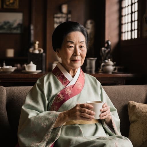 80대의 차분한 백인 여성이 고급스러운 전통 한복을 입고 소파에 앉아 차를 들고 있습니다. 전통 소품으로 꾸며진 아늑한 카페 내부가 그녀의 여유로운 표정을 보완하며 따뜻하고 초대하는 분위기를 만들어냅니다.