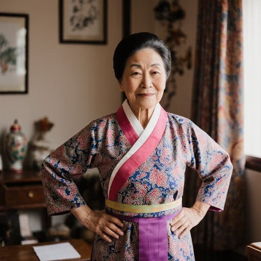 70대의 자연스러운 외모를 가진 여성이 전통적인 한복을 입고 있는 반신 촬영입니다. 그녀는 허리에 손을 올리고 편안하게 스트레칭하며 만족스러운 표정을 짓고 있습니다. 배경은 전통 한국 소품으로 꾸며진 아늑한 거실로, 문화적인 분위기를 더합니다. 부드럽고 아늑한 조명이 그녀의 평화로운 모습과 한복의 우아함을 강조합니다.