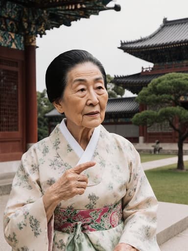 아름다운 공원에서 전통 한복을 입고 앉아 있는 80대 아시아계 여성의 반신 촬영, 전통 건축물의 디테일을 가리키며 감상하는 모습, 문화의 풍요로움과 감사를 담고 있습니다.