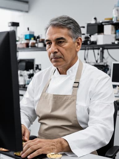 이 이미지는 50대의 라틴계 남성이 연구소에서 흰색 연구복과 앞치마를 착용하고 있는 모습을 담고 있습니다. 그는 컴퓨터 앞에 앉아 요리 재료를 정리하며 우아한 표정을 짓고 있으며, 요리 예술과 데이터 분석의 융합을 전문적인 환경에서 나타내고 있습니다.
