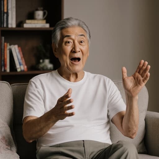 60대 한국인 남성이 자연스러운 외모로 아늑한 거실에 있는 소파에 편안하게 앉아 있습니다. 그는 편안한 티셔츠와 바지를 입고 있으며, 당황한 표정을 짓고 있습니다. 팔을 움직이며 춤을 추는 모습이 즐거운 분위기를 자아냅니다. 배경에는 장식된 책장이 있는 스타일리시한 거실이 보이며, 이 장면의 전체적인 따뜻함과 친근함을 더욱 강조합니다.