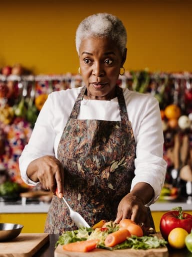 60대 아프리카계 여성이 자연스러운 외모로 세련된 앞치마를 착용하고 있는 반신 사진입니다. 그녀는 요리 재료를 바라보며 놀란 표정을 짓고 있으며, 요리 도구를 들고 재료를 확인하기 위해 손을 뻗고 있습니다. 배경은 다양한 재료와 조리 도구가 놓여져 있는 활기찬 주방으로, 그녀의 요리 과정에 대한 몰입감을 강조하는 분위기를 연출하고 있습니다.
