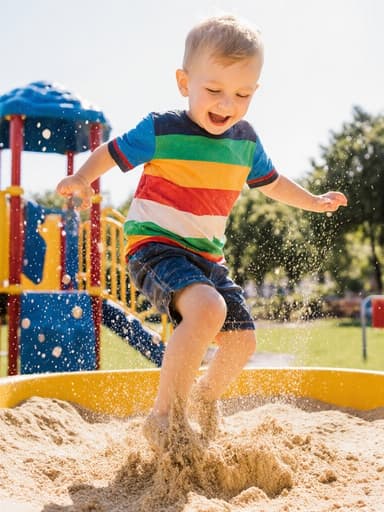 밝고 귀여운 외모를 가진 3세의 유럽계 남자아이가 밝은 색상의 반팔 티셔츠와 반바지를 입고, 햇볕이 잘 드는 공원에서 모래를 튕기며 점프하는 모습의 전신 사진으로, 장난기 넘치는 어린 시절의 본질을 담고 있습니다.