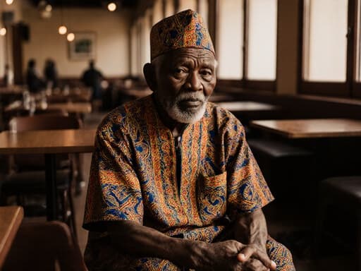 70대의 흑인 남성이 전통적인 아프리카 의상을 입고 바닥에 앉아 피곤한 표정을 짓고 있는 모습. 따뜻한 카페 내부에서 자연광이 비추고 있습니다.
