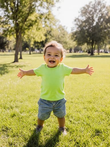 화창한 날씨의 공원에서 서 있는 1세 혼혈 남자 아기의 생동감 넘치는 전신 사진. 그는 밝은 색의 티셔츠와 편안한 반바지를 입고 있으며, 양팔을 벌리고 즐거운 표정을 지으며 행복을 발산하고 있습니다. 주변은 푸른 잔디와 나무들로 둘러싸여 있습니다.