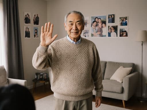 차분한 70대 한국인 남성이 자연스러운 외모로 편안한 니트 스웨터와 바지를 착용하고 있는 반신 촬영 사진입니다. 그는 가족에게 반갑게 손을 흔들며 따뜻함과 애정을 불러일으키고 있습니다. 배경에는 가족 사진이 걸려 있는 아늑한 거실이 있어 가족 간의 상호작용 주제를 더욱 부각시킵니다.