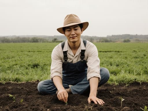 자신감 넘치는 20대 아시아계 남성이 편안한 농부 스타일의 작업복과 모자를 착용하고, 푸른 농장 배경에서 씨앗을 심는 듯한 요가 자세를 취하는 모습의 반신 사진입니다. 이 이미지는 자연과의 연결과 평화로운 분위기를 전달합니다.