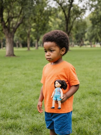 이 이미지는 밝은 티셔츠와 반바지를 입은 귀여운 혼혈 3세 남자 아동이 평화로운 공원에 서 있는 모습입니다. 그는 손에 인형을 들고 있으며, 지루한 표정을 지으며 약간의 실망감을 드러내고 있습니다. 푸른 잔디와 나무들로 둘러싸인 모습입니다.