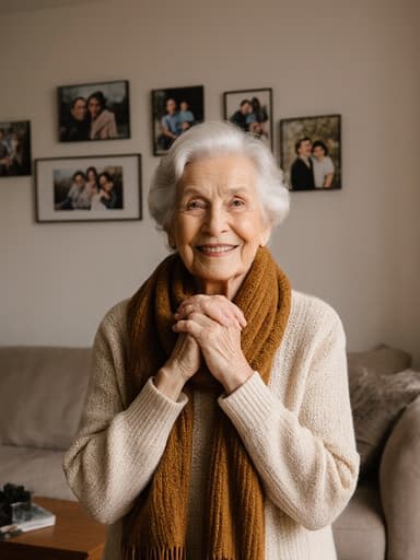 70대 유럽계 여성의 반신 촬영으로, 자연스러운 아름다움을 지닌 니트 스웨터와 따뜻한 스카프를 착용하고 가족을 애정 어린 시선으로 바라보며 손을 가슴에 모은 아늑한 거실에서의 모습으로, 가족의 사랑과 연결을 강조하는 감성적인 분위기를 연출합니다.