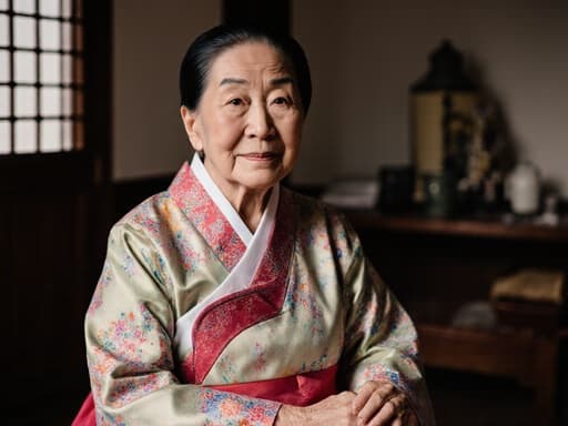 70대의 지혜로운 한국인 여성이 전통 한복을 입고 있는 평온한 반신 샷입니다. 그녀는 밝은 색상과 아름다운 패턴의 한복을 착용하고 있으며, 무릎에 손을 편안하게 올린 채 앉아 있습니다. 배경은 전통적인 한국의 차 마시는 공간을 연상시키는 아늑한 카페 인테리어로, 장면의 평온한 분위기를 더욱 강조합니다.