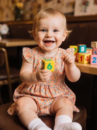 아늑한 카페에서 다양한 장난감이 가득한 테이블 앞에 있는, 밝은 드레스를 입고 숫자 블록을 들고 웃고 있는 1세 유럽계 아기 소녀의 즐거운 모습.