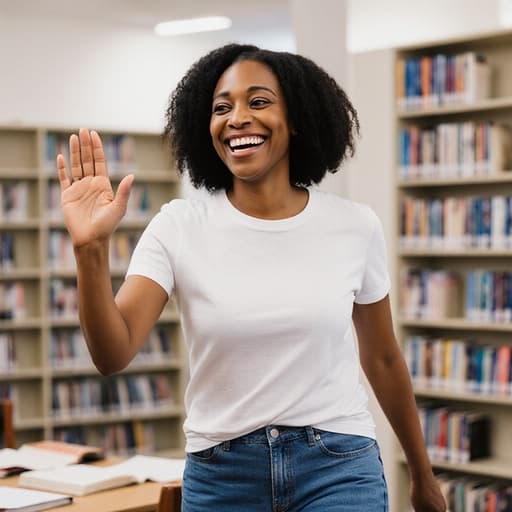 40대 흑인 여성이 자연스러운 외모로 티셔츠와 청바지를 입고 행복한 표정으로 미소를 지으며 학생 상담을 위해 손을 흔들며 달려가는 모습을 담은 반신 촬영입니다. 배경은 책으로 가득 찬 선반과 잘 조명된 학습 공간이 있는 도서관 내부로, 그녀의 환경과의 상호작용을 강조하는 매력적인 분위기를 만들어냅니다.