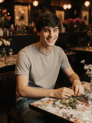 10대 후반의 유럽계 남성이 자연스러운 외모를 가지고 아늑한 카페 테이블에 앉아 있는 반신 사진입니다. 그는 캐주얼한 티셔츠와 청바지를 입고 있으며, 매력적인 미소와 자신감 있는 표정을 지으며 꽃다발을 만들기 위한 재료를 고르고 있습니다. 따뜻한 조명과 꽃으로 장식된 카페의 아늑한 분위기가 장면을 아름답게 보완합니다.