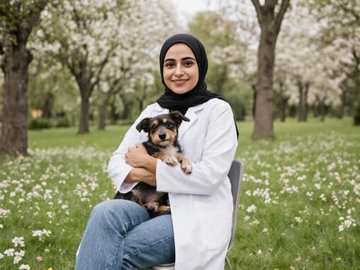 평화로운 공원에서 의자에 앉아 작은 개를 안고 자신감 있게 미소짓고 있는 20대 중동계 여성의 반신 사진, 흰색 수의사 가운을 입고 있으며 푸른 잔디와 꽃들로 둘러싸여 있습니다.