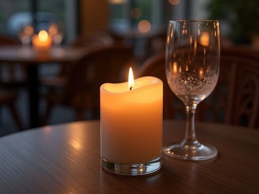 고급 레스토랑 테라스에 있는 캔들과 따뜻한 저녁 조명, 미세한 반사를 통해 아늑한 분위기를 만들어냅니다.