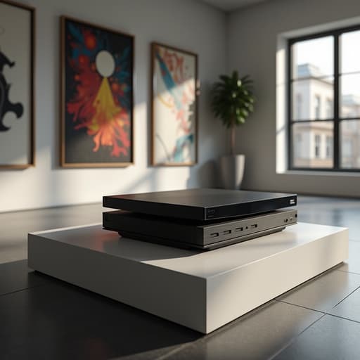 아트 갤러리의 게임 콘솔, 세련되고 창의적인 분위기.