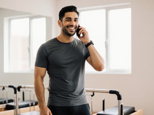이 이미지는 30대 라틴계 남성이 자연스럽고 매력적인 외모로 매력적인 미소를 지으며, 편안한 필라테스 복장을 입고 있는 모습을 보여줍니다. 그는 전화를 사용하며 필라테스 수업 준비를 하고 있으며, 밝고 깨끗한 필라테스 스튜디오 배경 속에서 긍정적이고 동기 부여적인 분위기를 발산하고 있습니다.