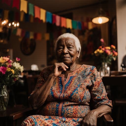 80대의 흑인 여성이 전통적인 패턴의 드레스를 입고 축제가 장식된 카페에 앉아 있는 반신 사진. 피곤한 표정으로 손으로 턱을 받치고 생각에 잠겨 있으며, 따뜻하고 매력적인 분위기에 둘러싸여 있습니다.