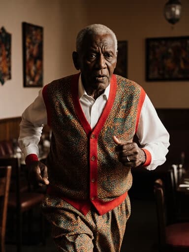 아늑한 카페에서 전통 의상을 입고 이야기하는 노 아프리카 남성의 전신 사진, 그의 표정은 걱정스럽고 주변은 화려한 장식으로 가득 차 있습니다.