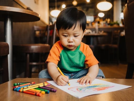 귀여운 1살 아시아계 남아가 아늑한 카페의 바닥에 앉아 밝은 색상의 티셔츠와 편안한 바지를 입고 있습니다. 그는 약간 짜증난 표정을 지으며 손에 크레용을 쥐고 종이에 그림을 그리고 있습니다. 배경에는 다양한 색상의 크레용과 종이가 놓인 테이블이 있는 따뜻한 카페의 분위기가 어우러져 있습니다.