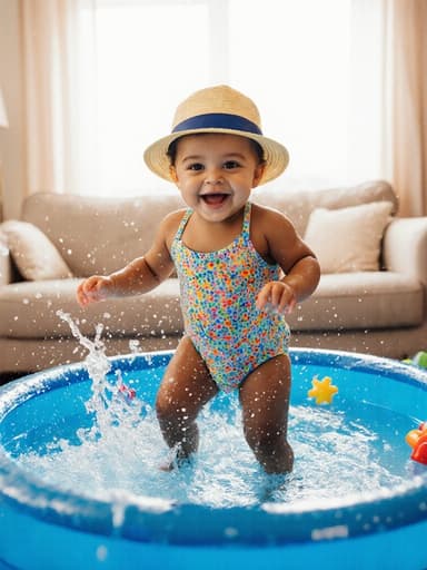 아늑한 거실에 마련된 작은 물놀이 풀장에서 걷고 물장구를 치며 행복하게 웃고 있는 1세의 혼혈 여성 아기 전체 샷. 밝은 색상의 수영복과 모자를 착용하고 여름의 즐거움을 표현하고 있습니다.