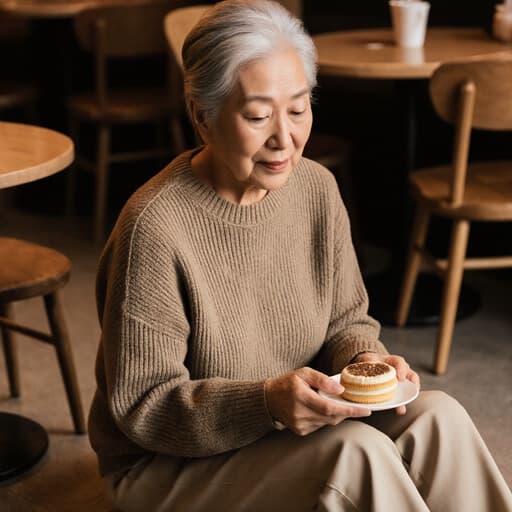 60대 아시아계 여성이 아늑한 카페 바닥에 앉아 있는 반신 사진입니다. 그녀는 편안한 니트 스웨터와 캐주얼한 바지를 입고 있으며, 손에 디저트를 들고 사색에 잠긴 듯 바라보고 있습니다. 그녀의 표정은 차가우면서도 약간의 무관심이 느껴지며, 따뜻한 조명 아래에서 테이블과 의자들이 배치된 아늑한 배경과 잘 어우러져 있습니다. 전체적인 분위기는 고요하면서도 약간의 거리감을 느끼게 하여, 편안한 환경에서 달콤한 간식을 즐기는 단순한 기쁨을 강조합니다.