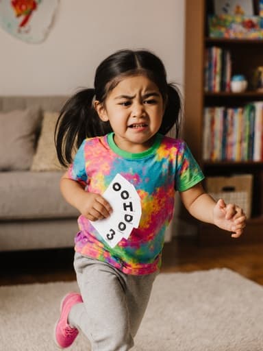 7세 라틴계 소녀가 짜증난 표정을 지으며 숫자 카드 몇 장을 손에 쥐고 달리는 모습이 세 번째 사분면 샷으로 촬영되었습니다. 그녀는 밝은 색상의 티셔츠와 편안한 바지를 입고 있으며, 아기자기한 소품이 가득한 거실과 숫자 관련 책들이 있는 책장이 배경에 있습니다.